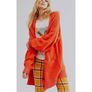 Free People Snow Drop Cardigan Sweater Oversized Orange Duster V Neck Knit